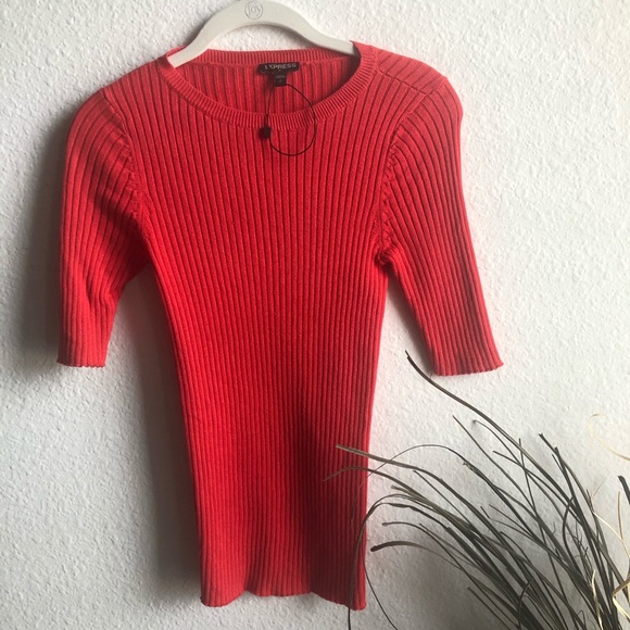 Ribbed salmon orange red 3/4 sleeve sweater blouse - Picture 2 of 7